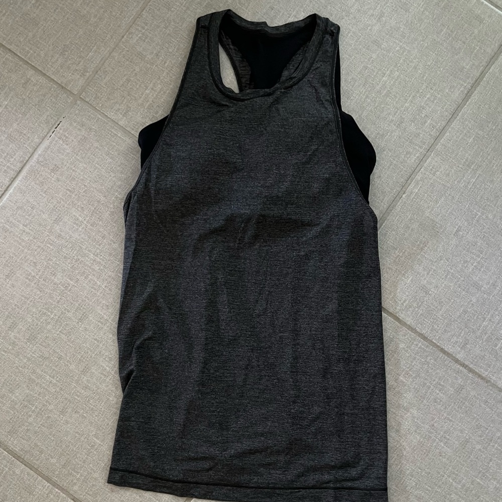 Lululemon tank with built in strappy bra, charcoal and black, size 6